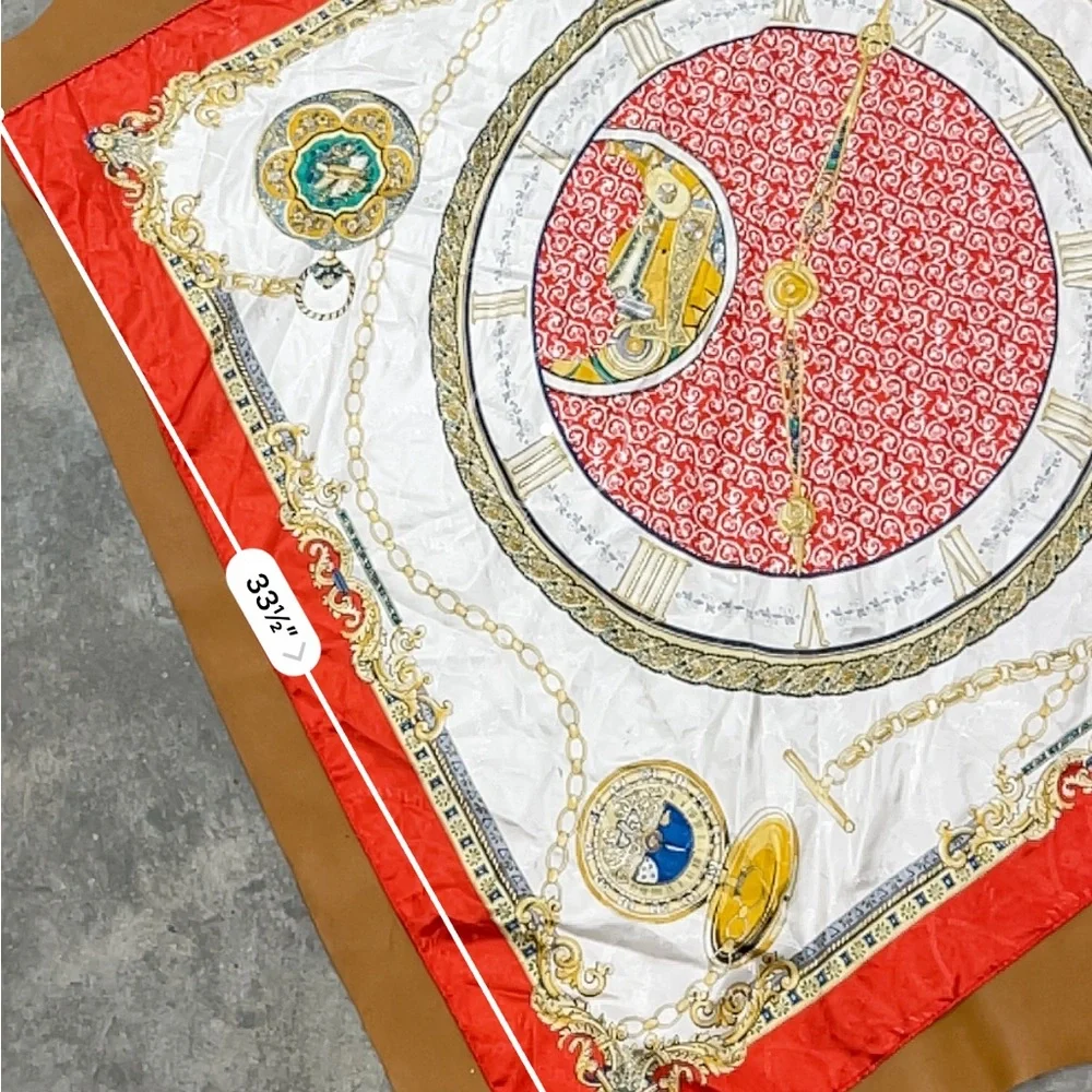 Vintage Silk Scarf Red and Gold Clock Motif Scarf Olpan